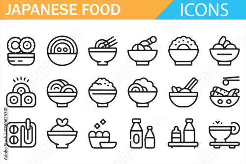 Japanese Food Icons Set with Sushi, Ramen and Traditional Cuisine