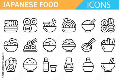 Japanese Food Line Icons Set with Sushi, Ramen, Rice Bowl, Tea, Sake and Traditional Cuisine Symbols in Minimal Outline Style