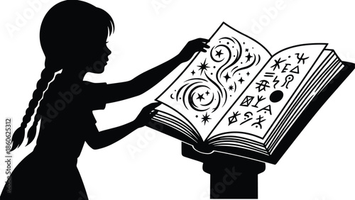 Silhouette girl reading magical book filled with symbols and stars, fantasy learning, imagination curiosity, child discovering mystical knowledge illustration