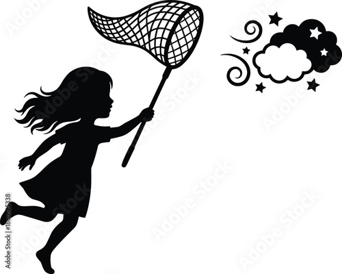 Silhouette girl running with net chasing dream cloud and stars, symbolizing imagination, childhood ambition, capturing dreams and creative fantasy illustration