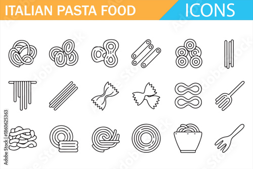 Italian Pasta Food Line Icons Set with Spaghetti, Fusilli, Penne and Farfalle Shapes in Minimal Outline Style for Menu and Infographic Design