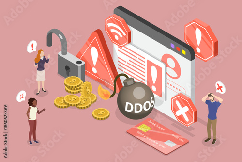 3D Isometric Flat Vector Illustration of Online Fraud, Cybercrime Risks, Personal Data Theft, Phishing, Malware, DDOS Attacks