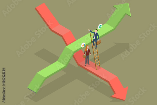 3D Isometric Flat Vector Illustration of Resolving Financial Problems, Navigating Economic Downturns, Opportunities For Investors In A Recovering Stock Market