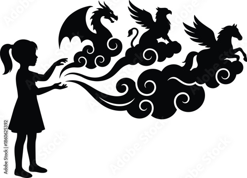 Silhouette girl summoning dragon griffin pegasus, magical fantasy clipart, kids mythical art, imaginative silhouette illustration for prints