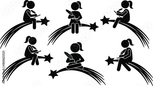 Silhouette girl writing on shooting stars, symbolic creativity and imagination, black and white fantasy illustration with motion and wonder