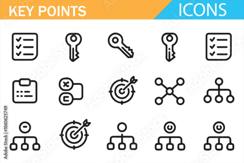 Key Points and Business Process Icons Set with Strategy, Target, Checklist and Connection Symbols in Flat Line Style
