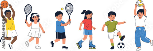 Set of diverse children characters playing basketball tennis soccer and rollerblading in a flat vector style for youth sports concept.