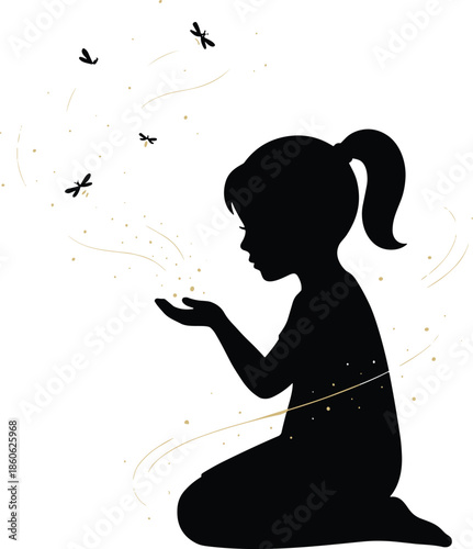 Silhouette of kneeling girl releasing magical sparkles, whimsical childhood imagination with dragonflies, dreamy fantasy minimal illustration design