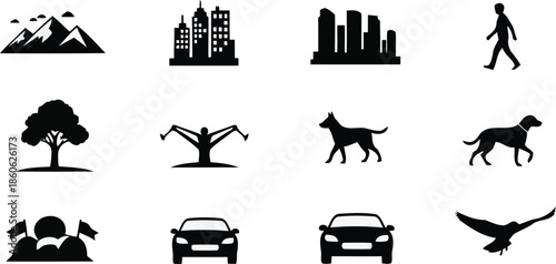 Collection of black silhouette icons featuring urban cityscapes mountains trees cars dogs birds and people in various poses against a white background