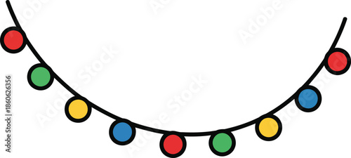 Festive string of colorful christmas lights in red green blue and yellow bulbs on a black string forming curves against a white background