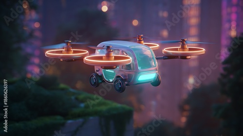 An aerodynamic delivery drone, with a translucent cargo compartment glowing sky-blue, hovers over a green rooftop of a futuristic building in a densely tree-lined city.