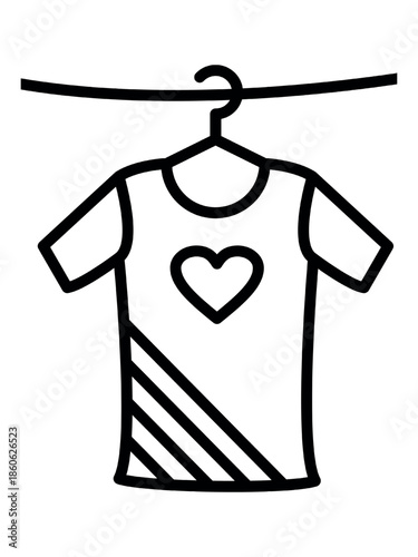 Line Art Icon of T-Shirt with Heart Design Drying on Laundry Line