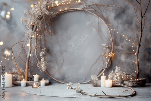 Wallpaper Mural A frame made of twigs stands in a dim space surrounded by glowing candles. Smoke lingers, adding to the atmosphere of a witch's gathering with decorations and soft light Torontodigital.ca