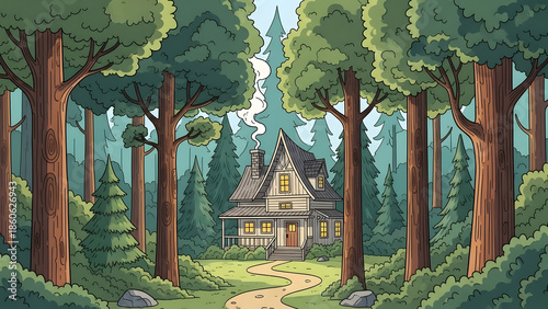 Cozy Wooden Cabin in the Middle of a Lush Green Pine Forest Comic Style Illustration