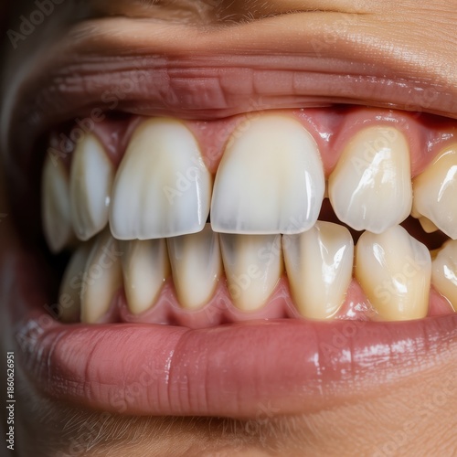 Extreme close up of human teeth with water droplets and pink gums mouth macro