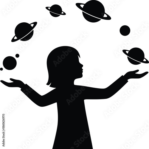 Silhouette of young girl juggling planets in space, imaginative childhood universe illustration symbolizing creativity, fantasy, astronomy and limitless dreams
