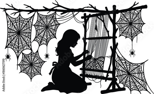 Silhouette of young girl weaving fabric on loom surrounded by intricate spider webs in dark fantasy scene, eerie magical craft