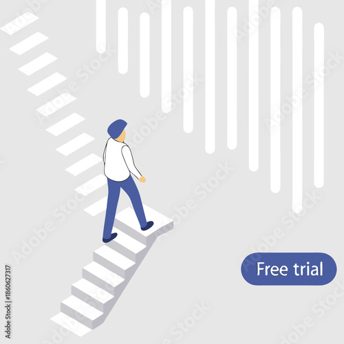 Isometric man walking up stairs with free trial button steps
