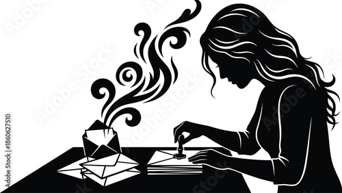 Silhouette woman sealing magical letters with wax, fantasy correspondence concept, handwritten messages releasing swirling energy, creative storytelling illustration