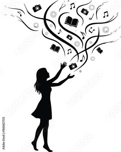Silhouette woman releasing music notes, books and cameras, symbolizing creativity, imagination, artistic inspiration and multimedia expression flowing into sky