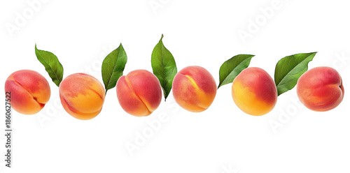 A arrangement of fresh apricots with green leaves. their natural colors and textures against a clean white background. ideal for culinary or health-related content