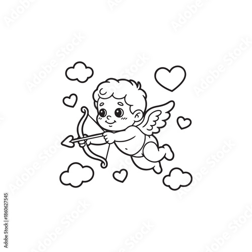 a cute cartoon cupid flying with a bow and arrow surrounded by hearts and fluffy clouds silhouette