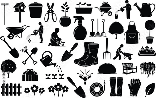 Gardening tools and equipment icons