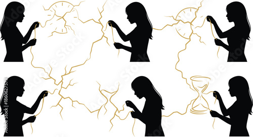 Silhouette woman sewing cracked time with golden thread, mending broken clock and hourglass, metaphor for repairing time and healing life