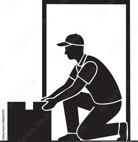 Courier Placing Package for Contactless Delivery Silhouettes isolated on white background