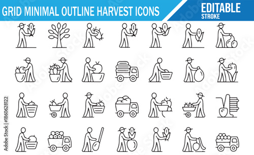 Harvest and farming line icons set. Collection of vector symbols showing a farmer gathering crops, fruits, and vegetables with tools, baskets, carts, and a truck.