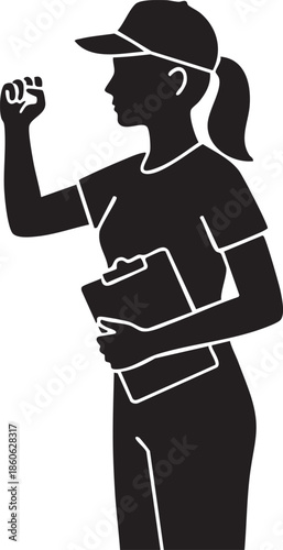 Female Delivery Person with Ponytail Knocking and Holding Clipboard Silhouettes isolated on white background