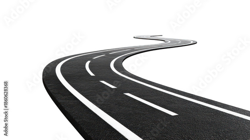 A winding asphalt road with clear white lane markings stretching into the distance. set against a minimalist white background. symbolizing journey and adventure