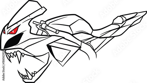 A cartoon drawing of a robotic dragon with red eyes and sharp teeth