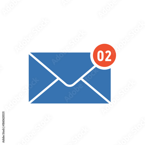 Simple blue email notification icon displaying the number zero two in a bright orange circle indicating unread messages requiring attention promptly