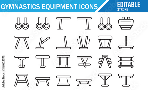 Minimalist black and white line icons for sports, athletics, and gym centers.