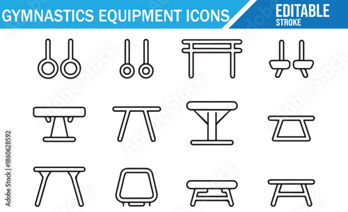 Gymnastics gear and equipment collection in clean graphic outline style.