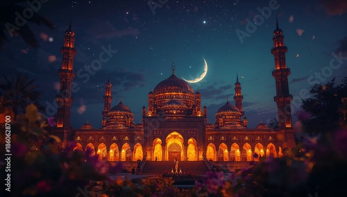 Majestic Mosque Illuminated at Night With Crescent Moon Over the City
