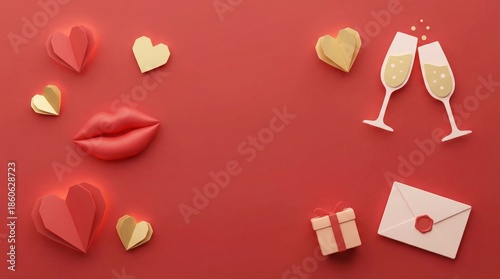 Decorative Arrangement of Hearts, Gifts, and Glasses on a Red Background for ...