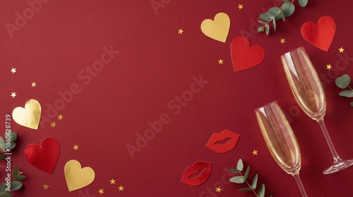 Celebration With Glasses, Hearts, and Decorations on a Red Table for a Festiv...