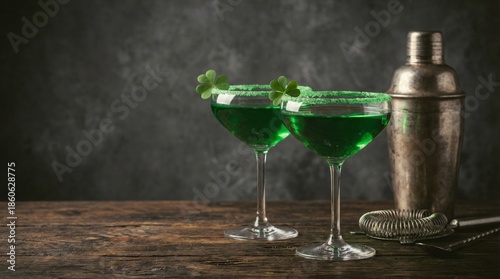 Green Cocktails on Wooden Table With Shaker and Jigger in Bar Setting for Cel...