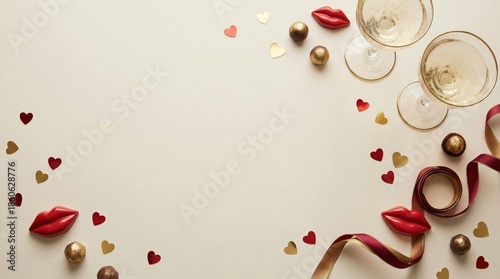 Celebration Setup With Champagne Flutes, Hearts, and Decorative Elements for ...