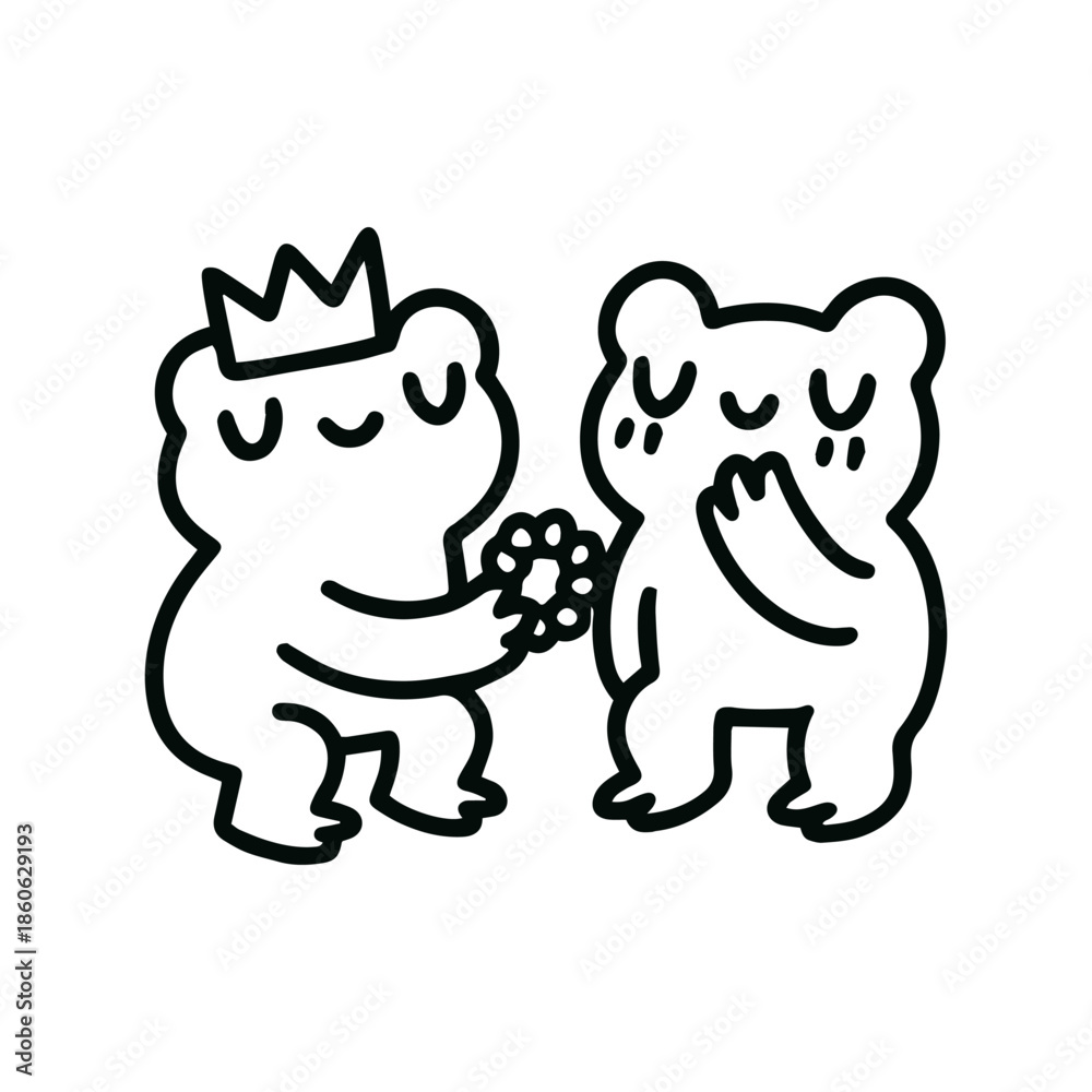Fototapeta premium Cute frog prince offering flowers illustration for Valentine’s Day greeting cards, romantic posters, and fairy tale designs, doodle vector