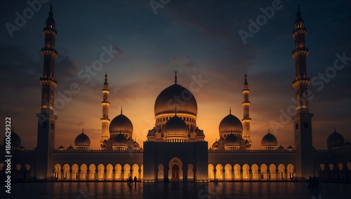 Sunset View of Large Mosque With Minarets and Domes in a City