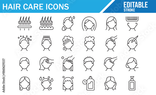 Hair care and salon routine line icons set. Vector outline collection of hair washing, coloring, treatment, drying, styling, and products with editable stroke.