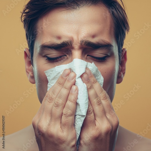 Man Covers Nose With Tissue While Looking at Virus Graphics in a Digital Display