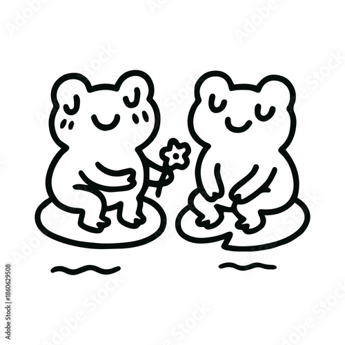 Cute frogs on lily pads with a flower illustration for children’s books, greeting cards, and whimsical storybook designs, doodle vector