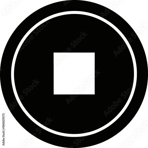 Minimalist black round shape featuring a contrasting white square in the middle
