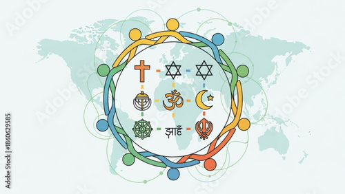 Diverse religious symbols circle representing global unity and interfaith harmony conceptual illustration for peace and understanding