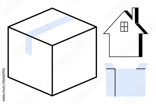 Delivery logistics, packaging, home services, shipment, residential needs, e-commerce solutions. A closed box, an open box and a house icon. Delivery logistics and packaging concept