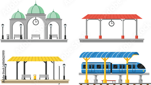 Set of various railway station platforms and modern commuter train vector illustrations featuring classic and contemporary transit architecture isolated on white background.